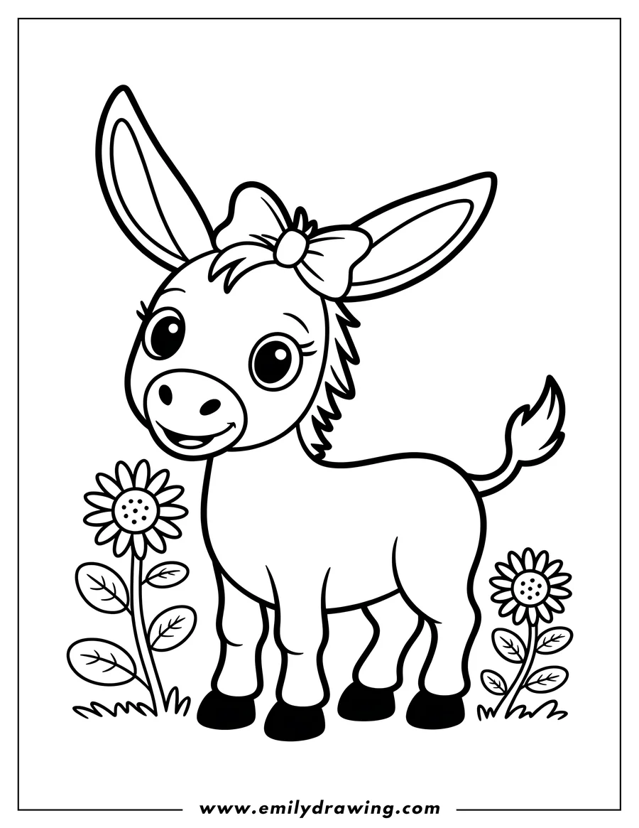 Outline of a donkey wearing a bow, standing near two flowers.