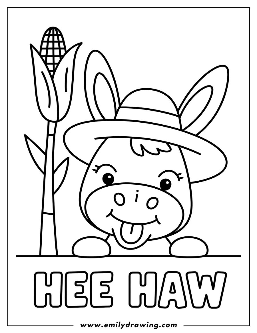 Line art of a cheerful donkey wearing a farmer's hat and sticking its tongue out next to a tall stalk of corn.