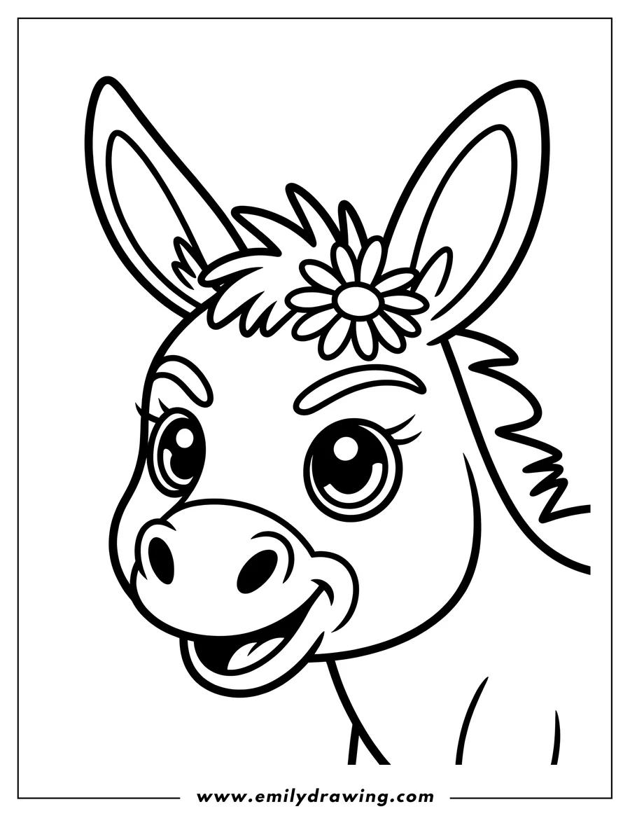Line art of a donkey with a flower in its hair.