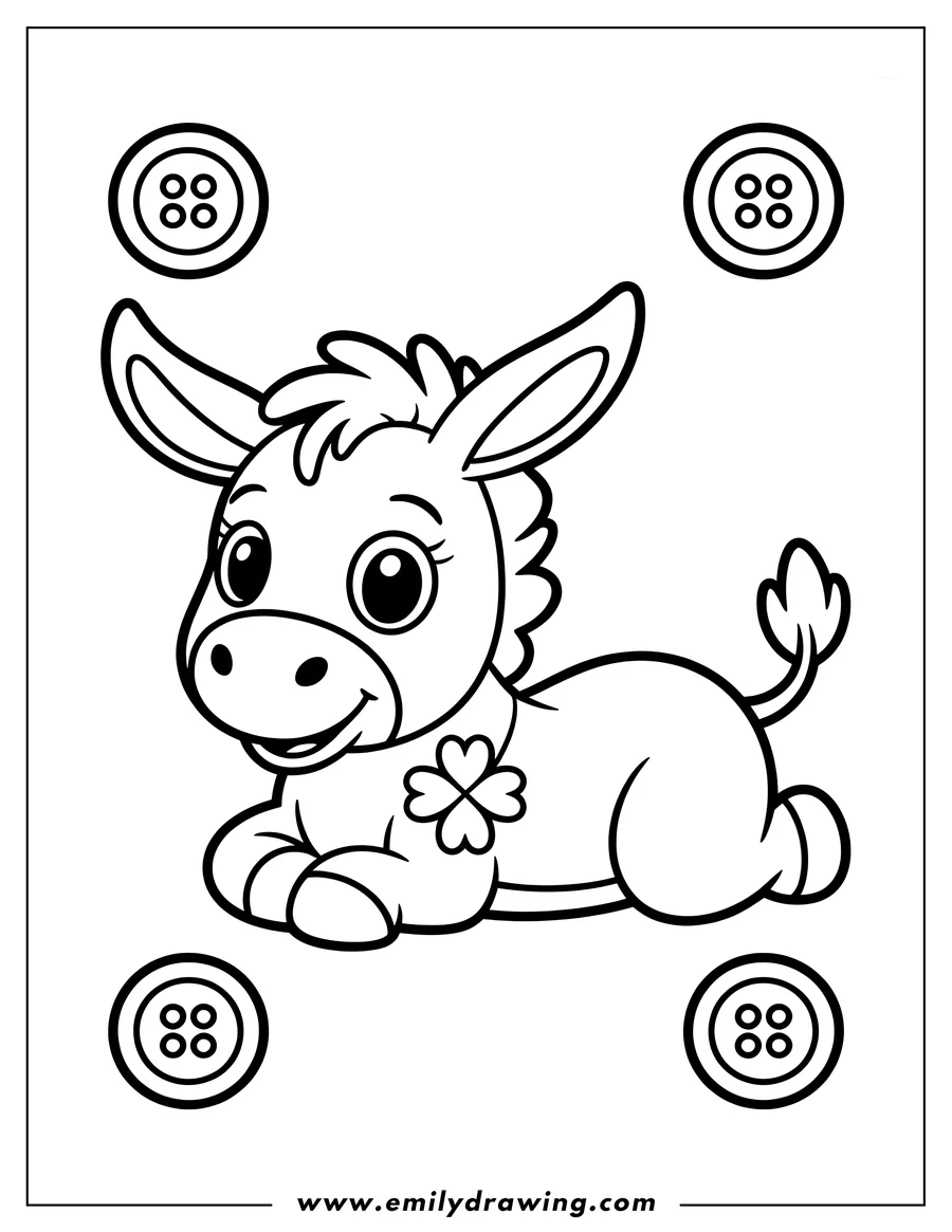 Line art of a donkey lying down with a four-leaf clover on its chest.
