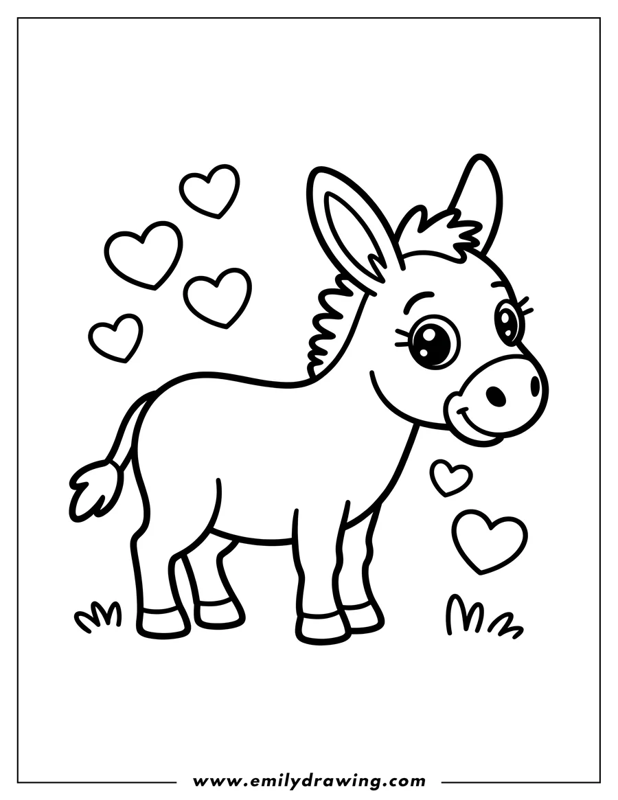 Line art of a donkey surrounded by hearts. It's simple and cute, ready for coloring.
