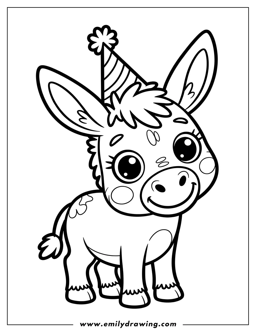 Outline of a donkey wearing a striped party hat, ready to be colored.