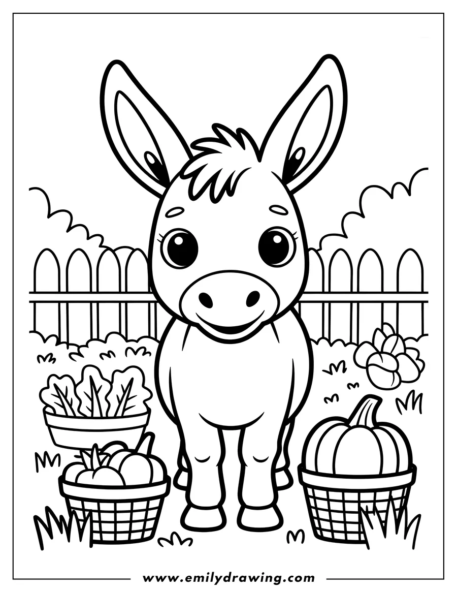 Line art of a donkey standing near baskets of pumpkins and other vegetables in a fenced area.