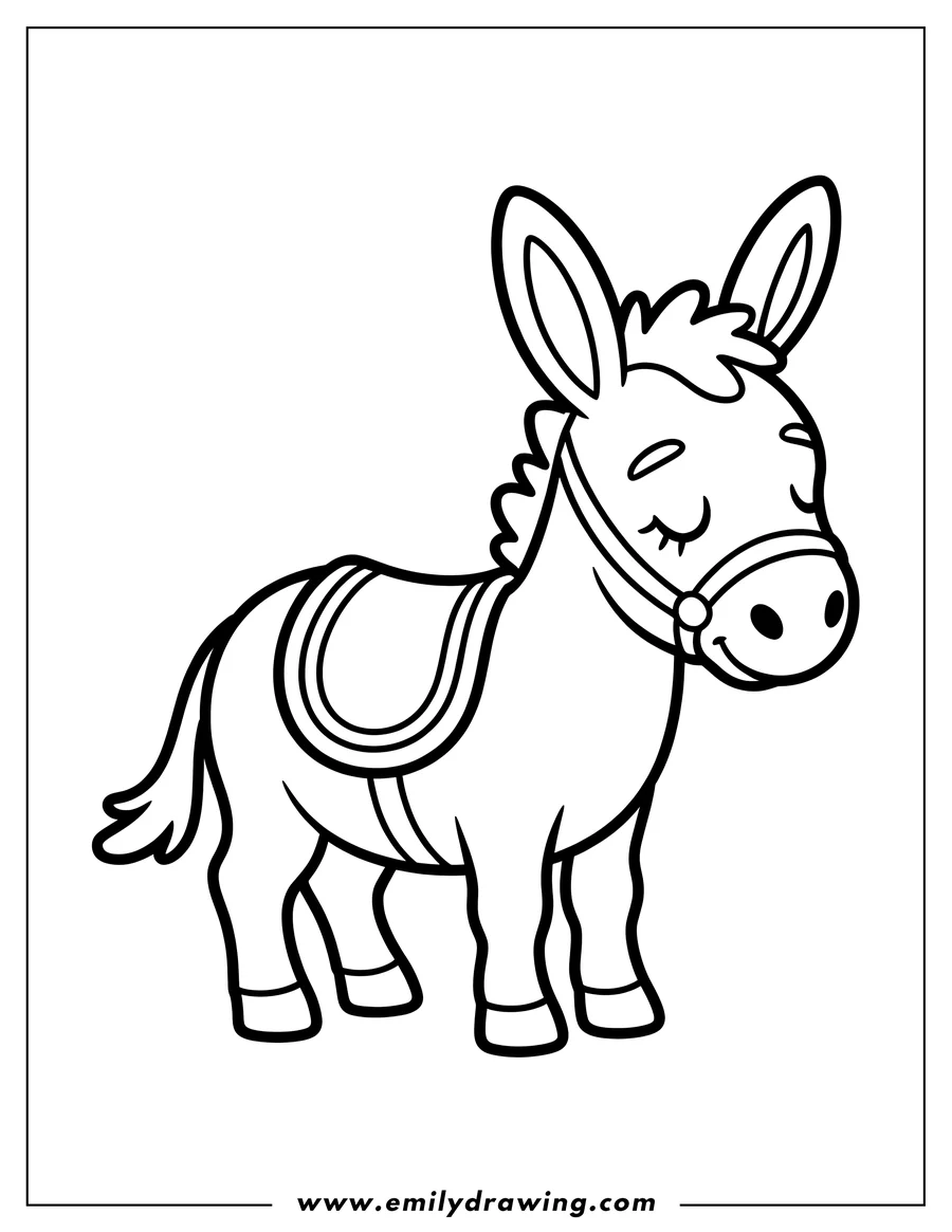 Line art of a donkey wearing a saddle and bridle.