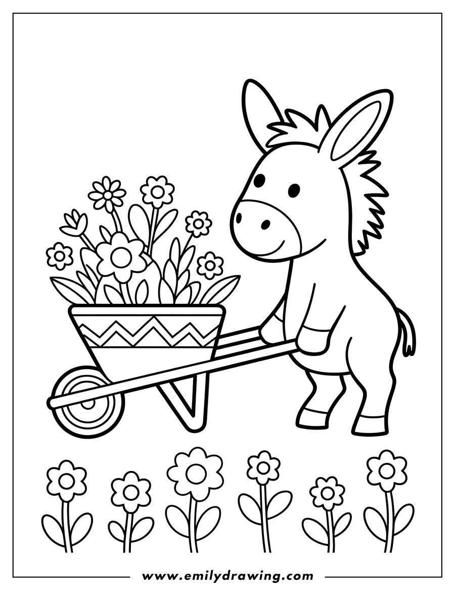 Outline of a donkey pushing a wheelbarrow full of flowers, with more flowers growing on the ground below.