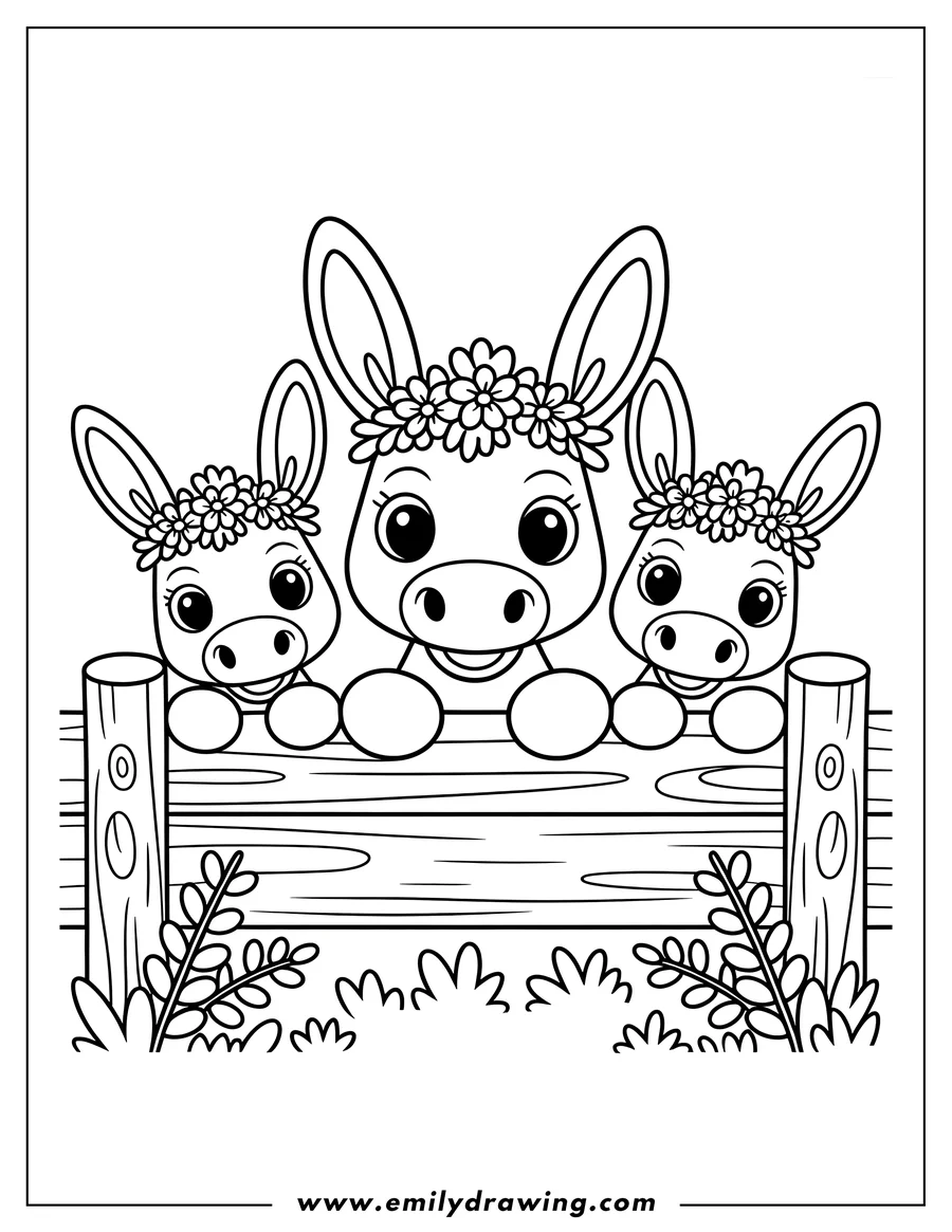 Outline of three donkeys with flower crowns peeking over a wooden fence. Grass and plants are visible at the base of the fence.