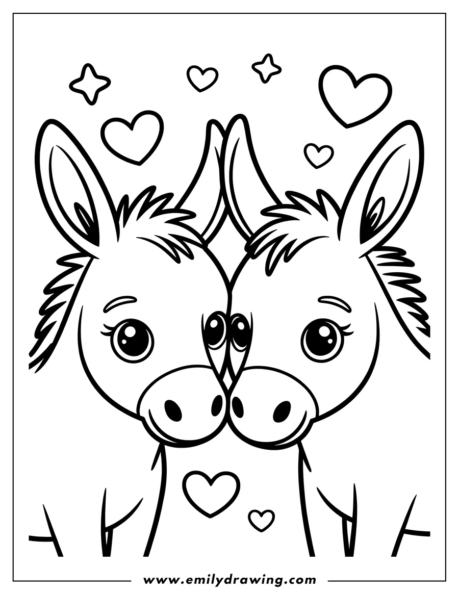 Two donkeys nuzzling, surrounded by hearts and stars.