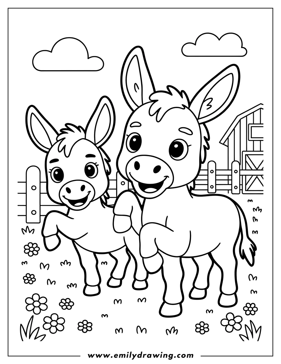 Two donkeys standing near a fence on a farm, with a barn and flowers in the background.