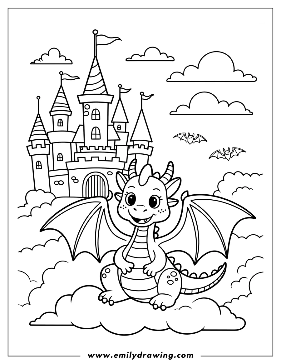 Line art of a friendly dragon sitting on a cloud with a castle and two bats in the background.
