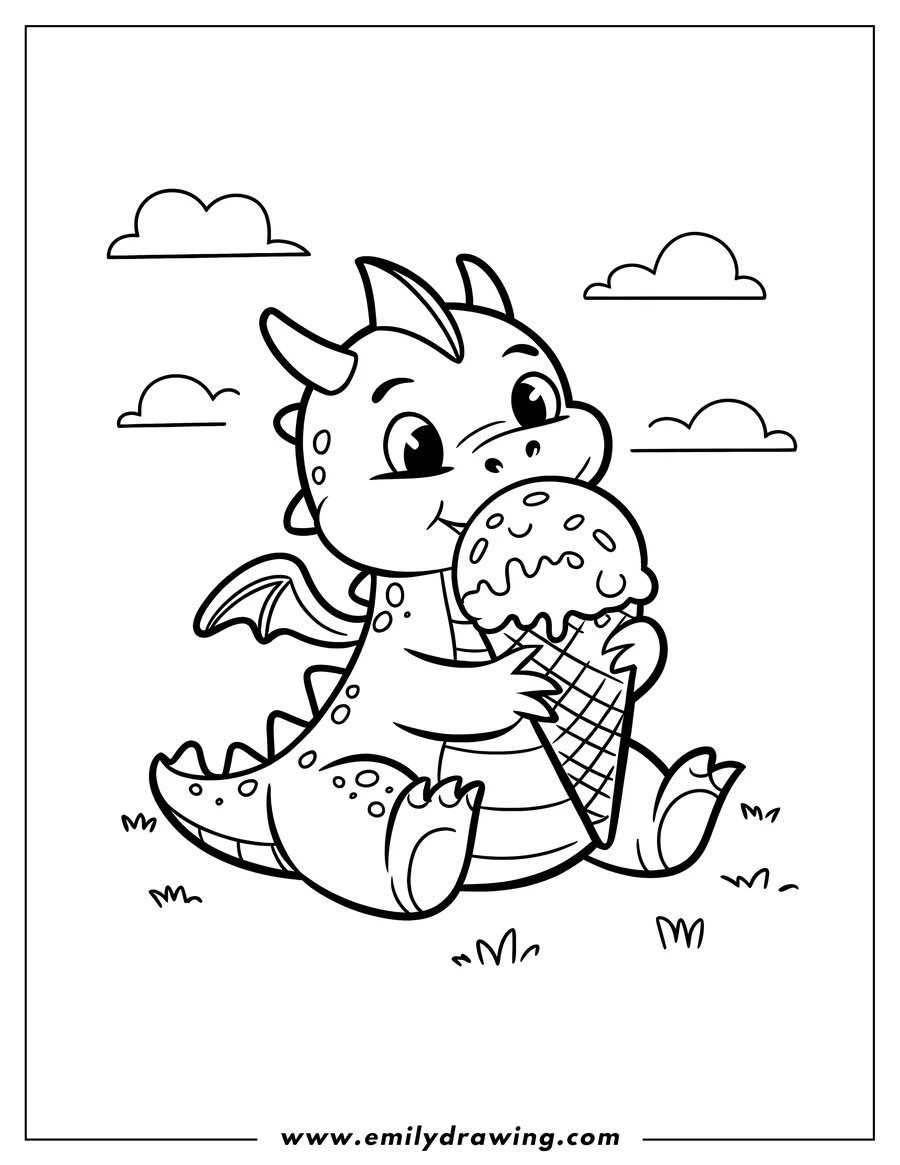 Outline of a small dragon sitting and eating an ice cream cone.
