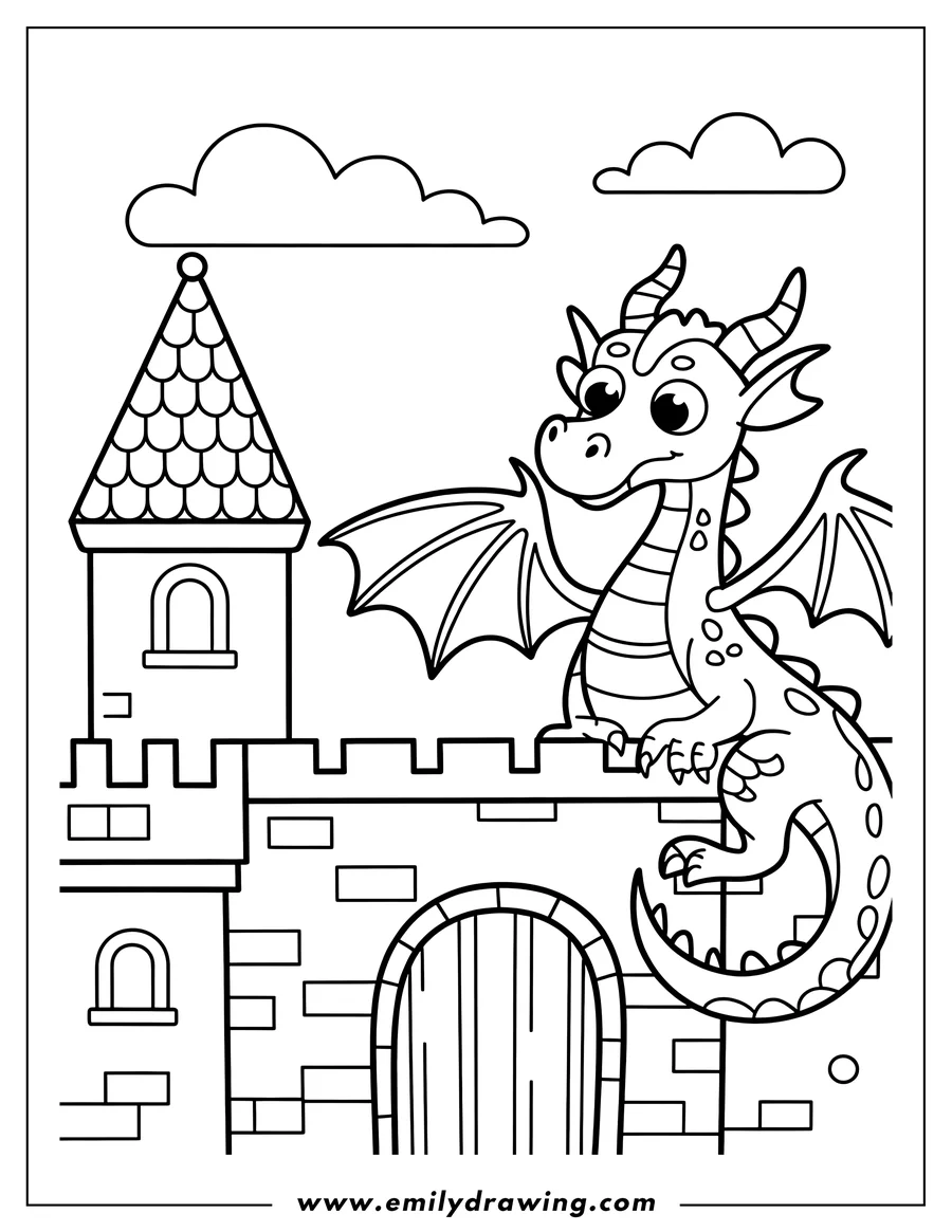 Outline of a friendly dragon perched on a castle wall, beneath a turret and beside a large wooden gate.