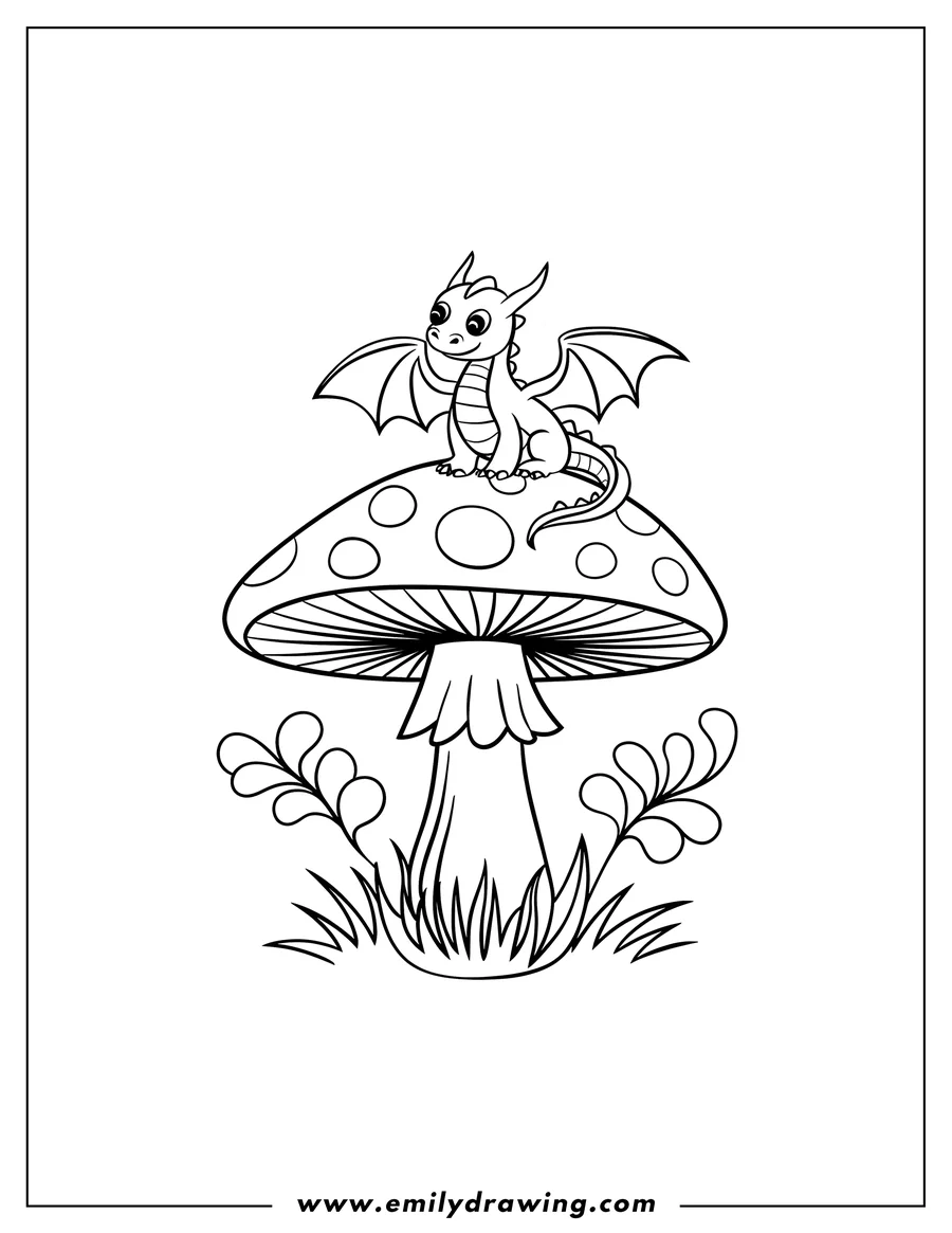 Outline of a small dragon sitting on a spotted mushroom with grass and small plants at the base.