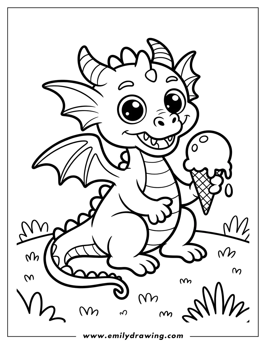 Line art of a friendly dragon holding a melting ice cream cone.