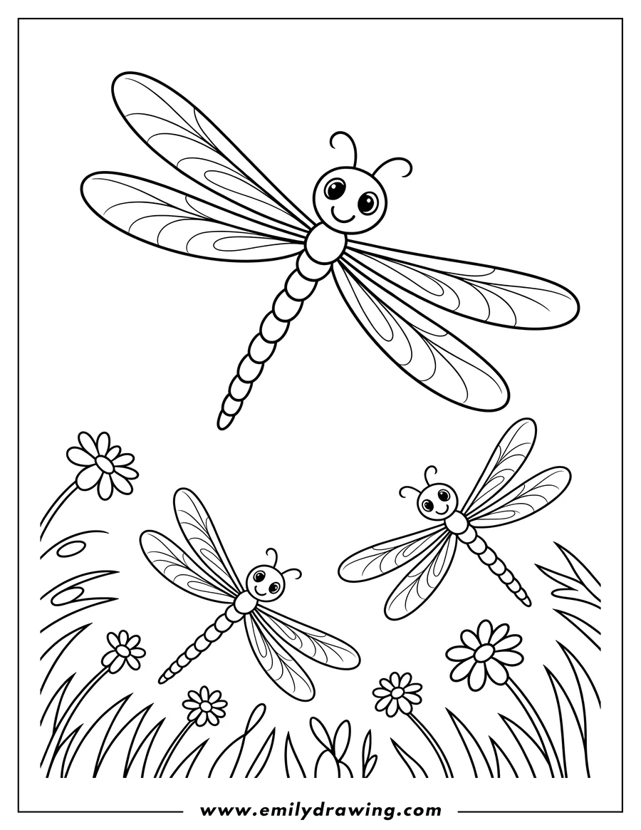 Line art of three dragonflies flying over grass and flowers.