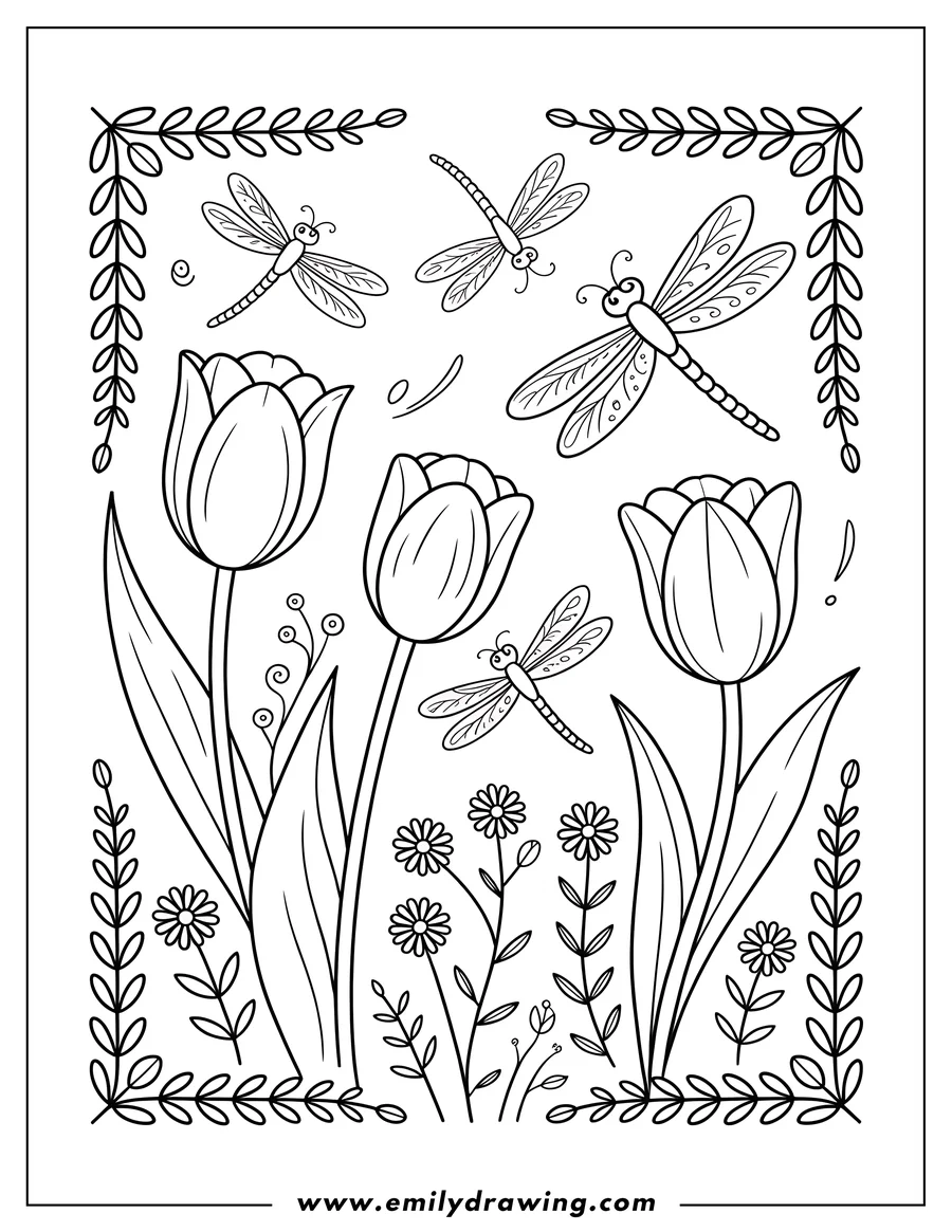Line art of three tulips and several dragonflies with small daisies and decorative leaves around the border.
