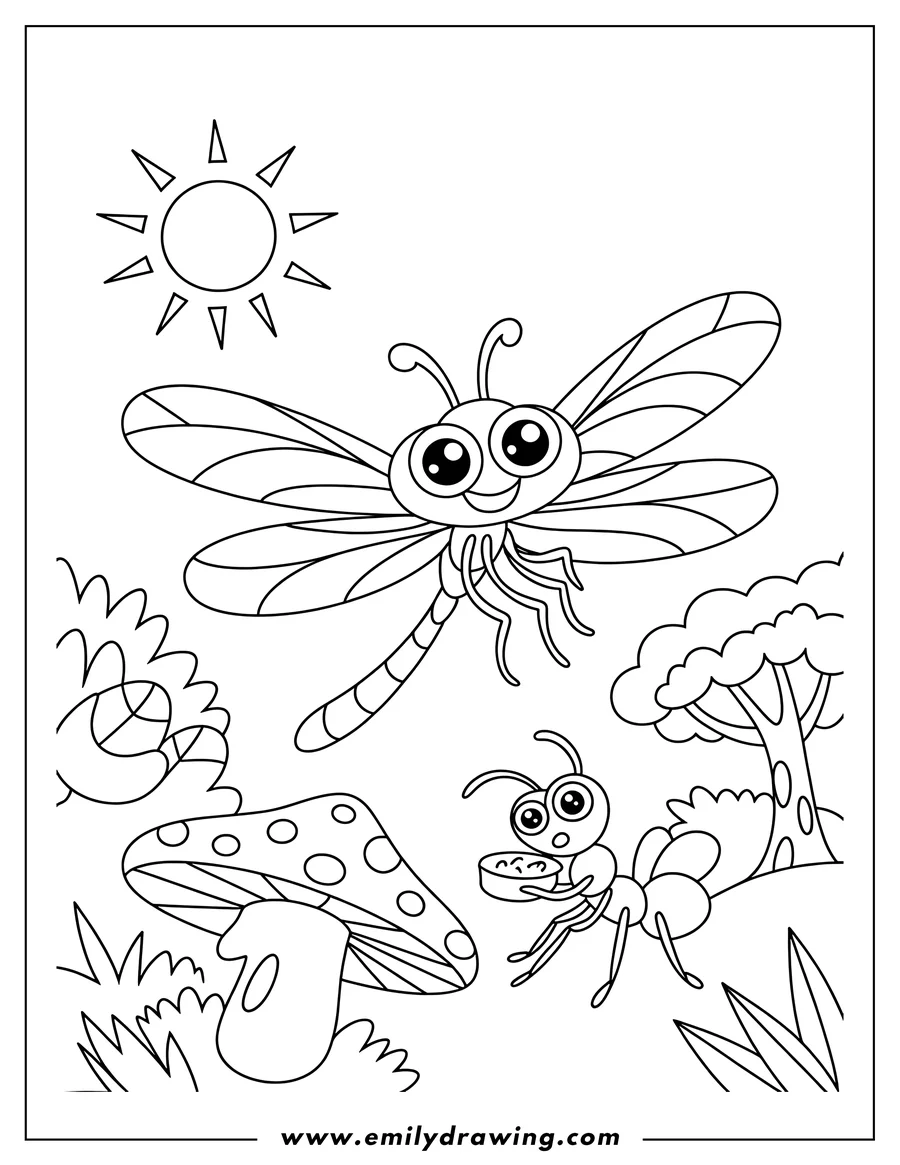 Line art of a dragonfly flying above a spotted mushroom and an ant carrying a small pie.