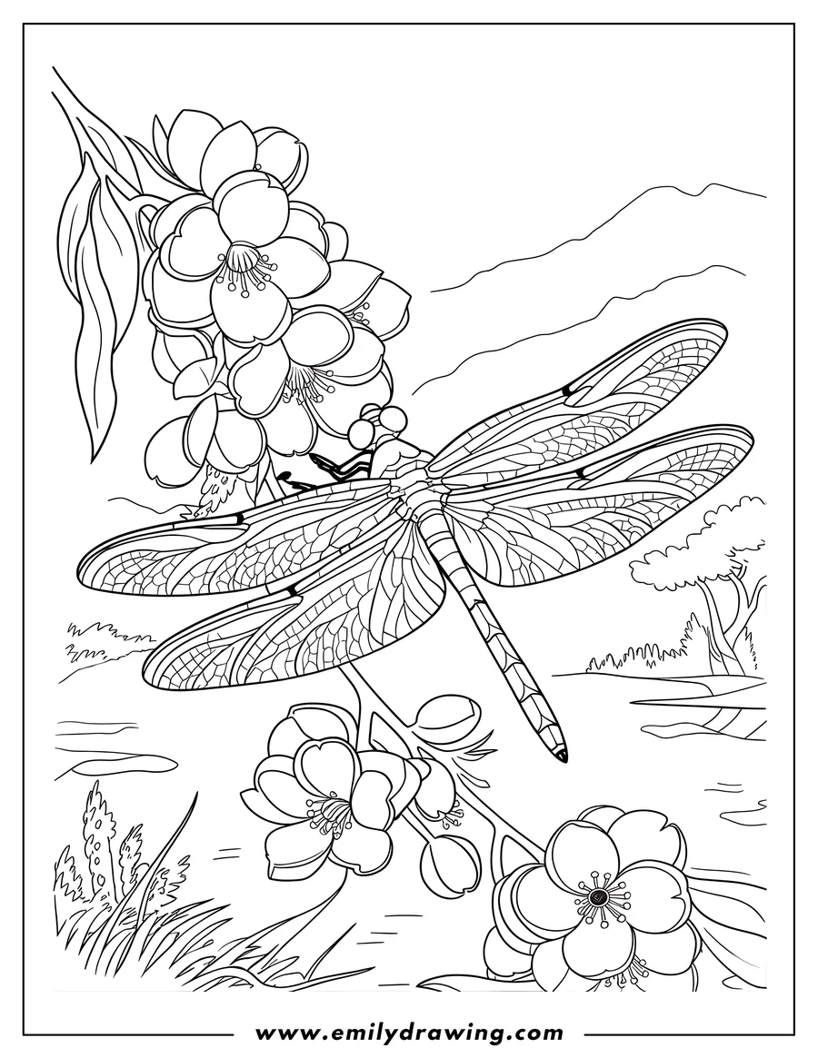 Line art of a dragonfly perched near cherry blossoms, with a background of hills, trees, and water.