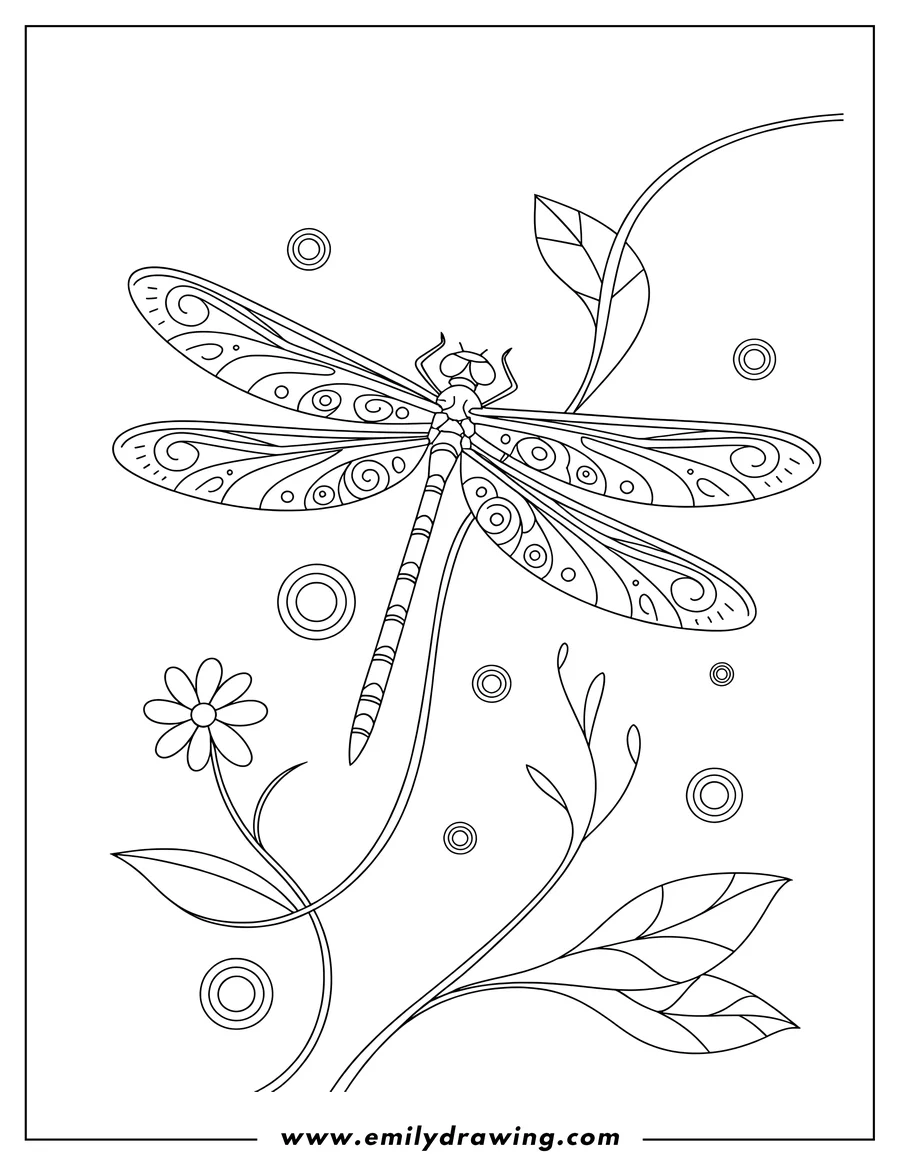 Line art of a dragonfly with patterned wings near a simple flower and vines.