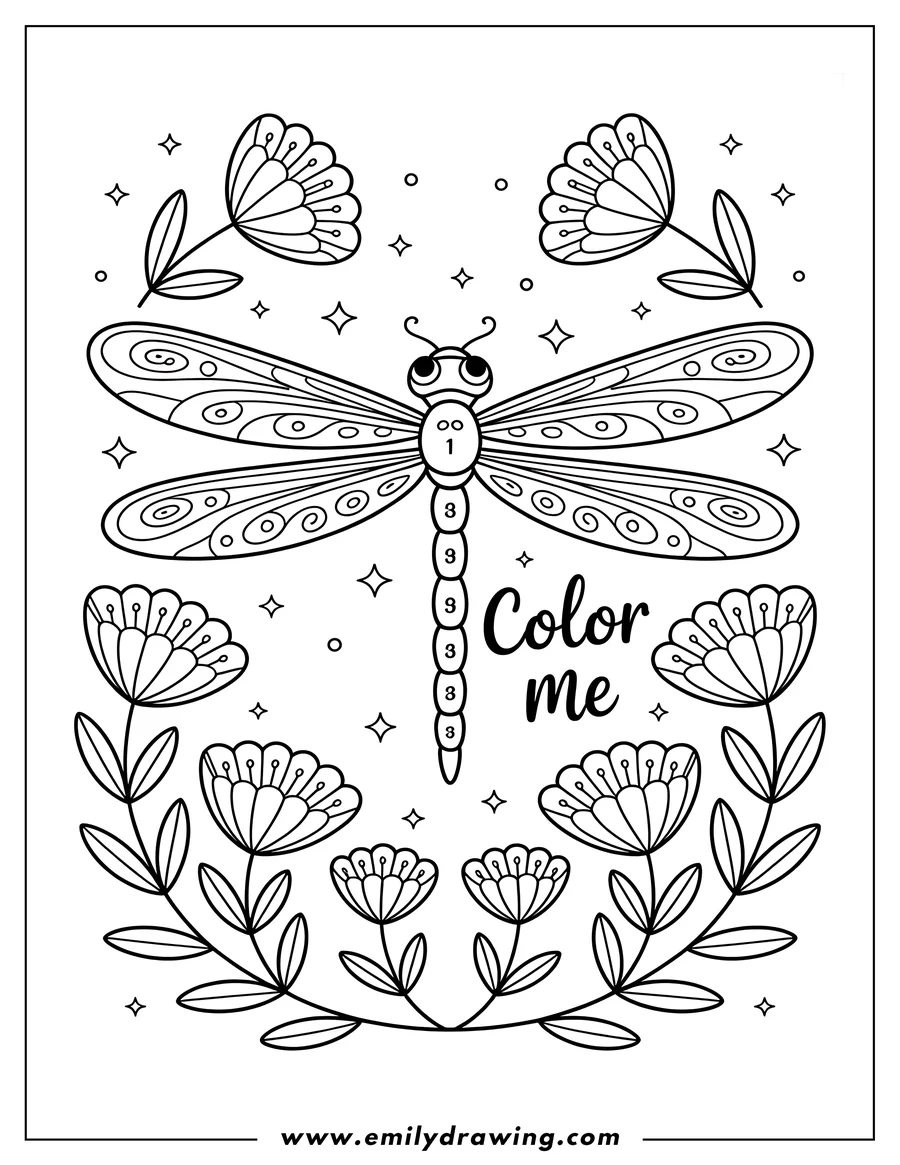 Line art of a dragonfly with patterned wings surrounded by stylized flowers and small star-like sparkles.