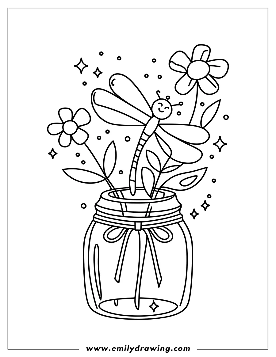 Outline of a happy dragonfly and flowers in a glass jar decorated with a ribbon. Little sparkles surround them.