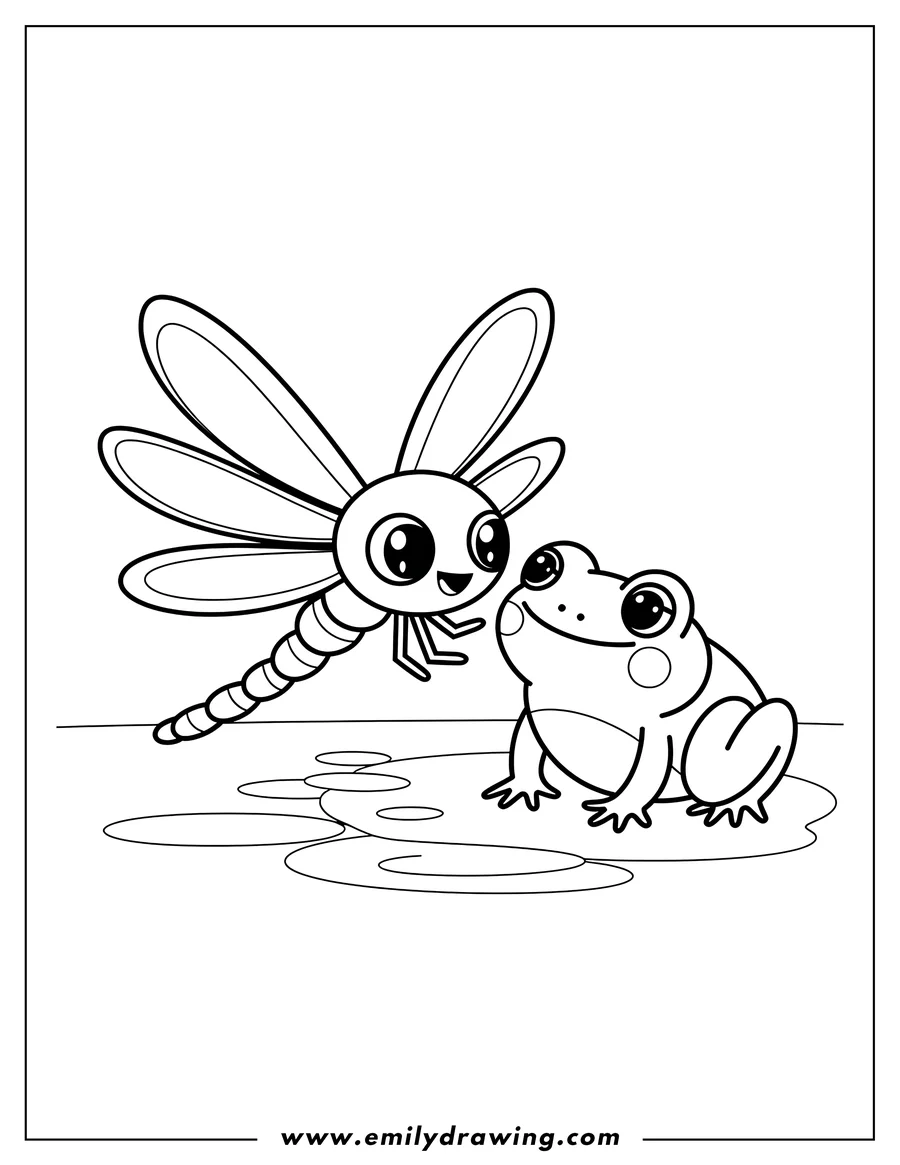 Line art of a dragonfly and a frog facing each other near some lily pads.