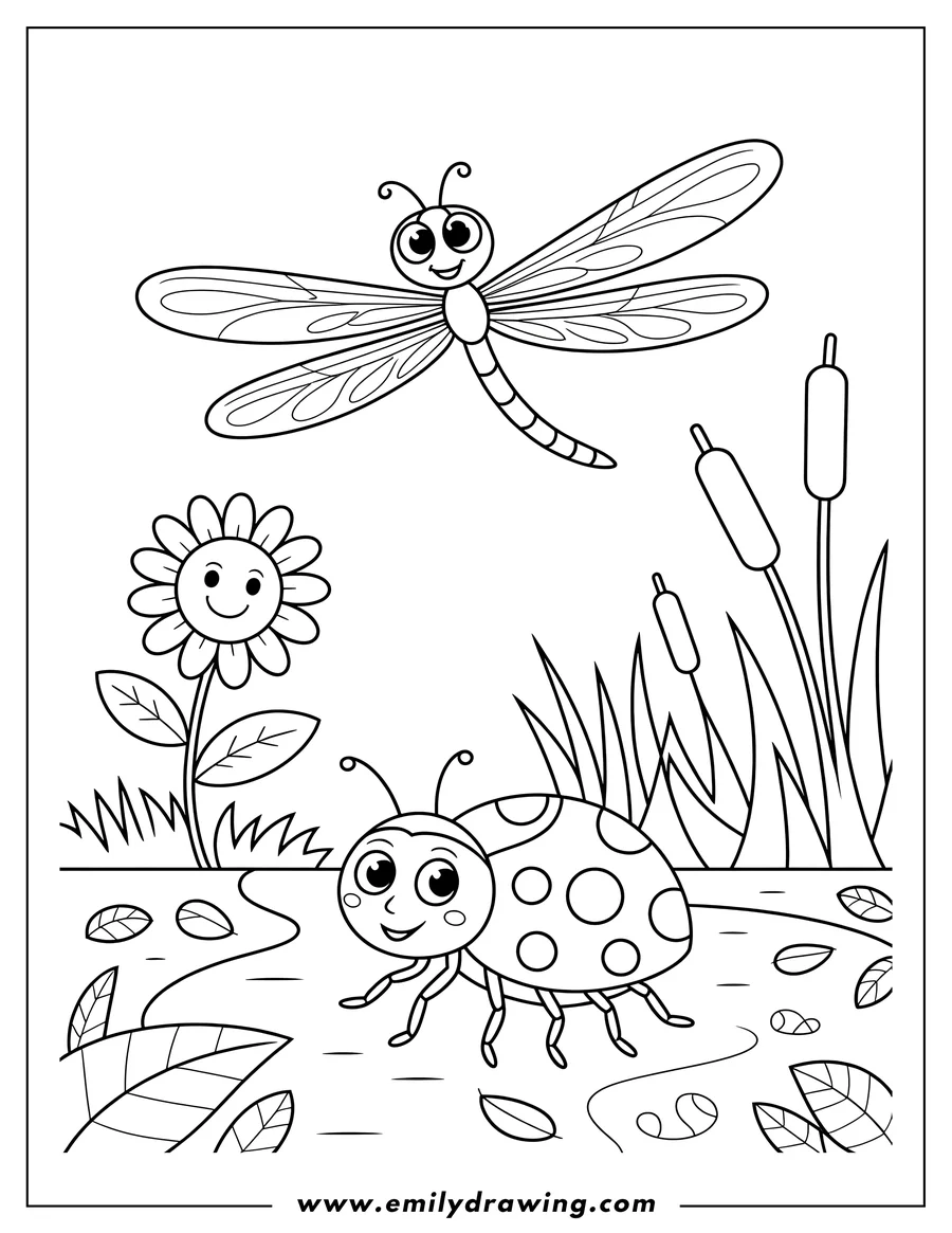Outline of a dragonfly flying above a ladybug near a pond. A smiling flower and cattails are also present in the scene.