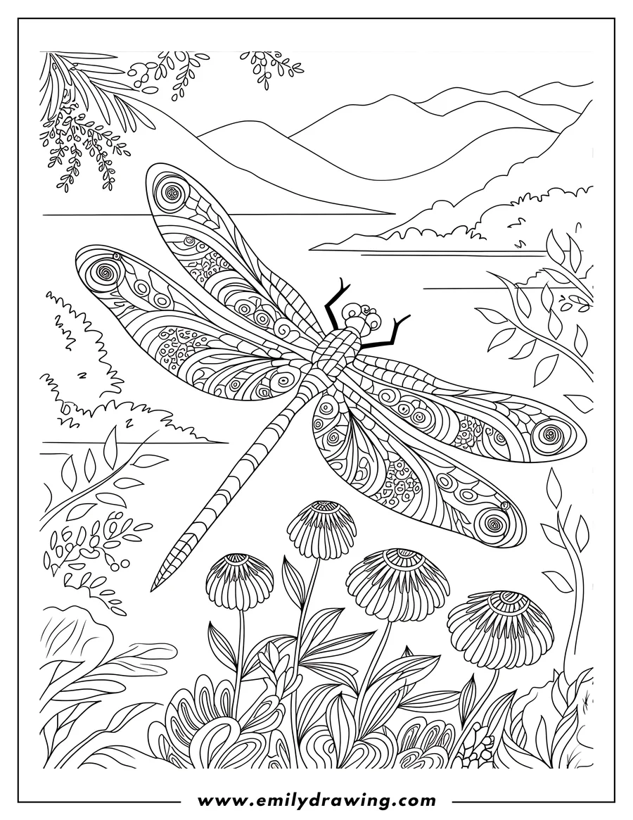 Line art of a detailed dragonfly with patterned wings flying over flowers, with a lake and hills in the background.
