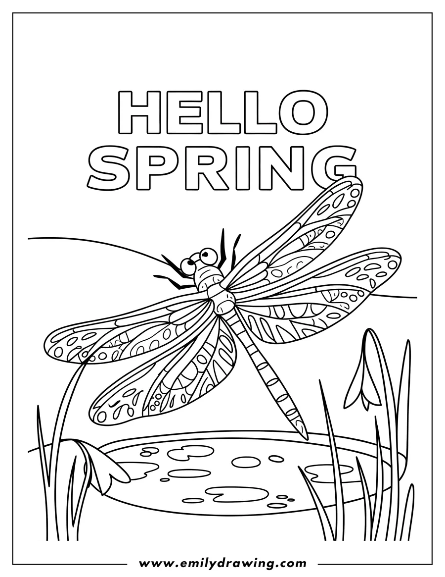 Line art of a dragonfly with patterned wings hovering over a pond with lily pads.  Spring flowers are visible near the pond's edge.