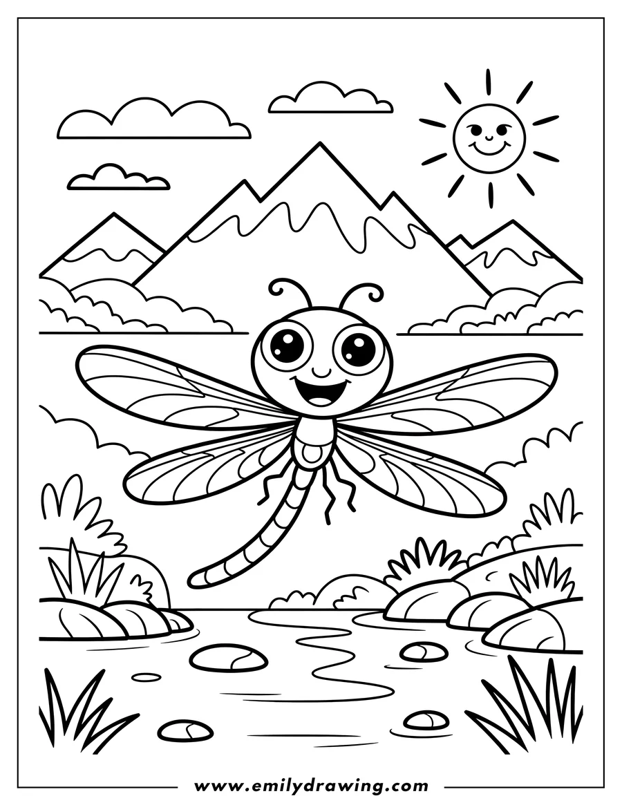 Line art of a smiling dragonfly flying over a river, with mountains and a sun in the background.