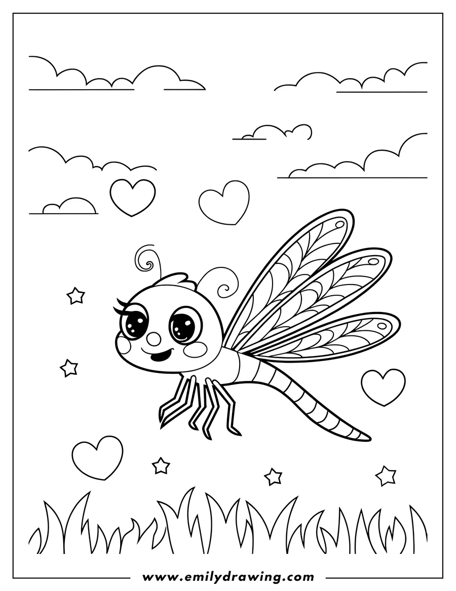 Line art of a cute dragonfly with large eyes, patterned wings, and a striped body, flying above blades of grass.  Hearts and stars decorate the scene.