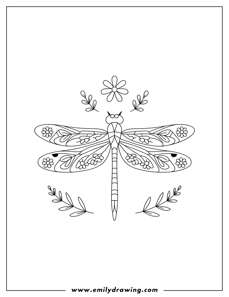 Line art of a dragonfly with floral patterns on its wings, surrounded by small flowers and leaves.