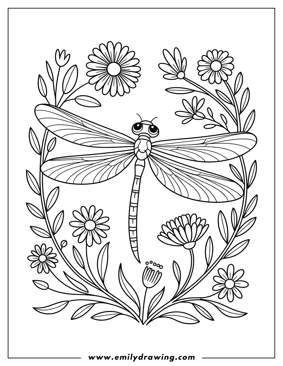 Line art of a dragonfly with large eyes, centered within a decorative arrangement of flowers and leaves.