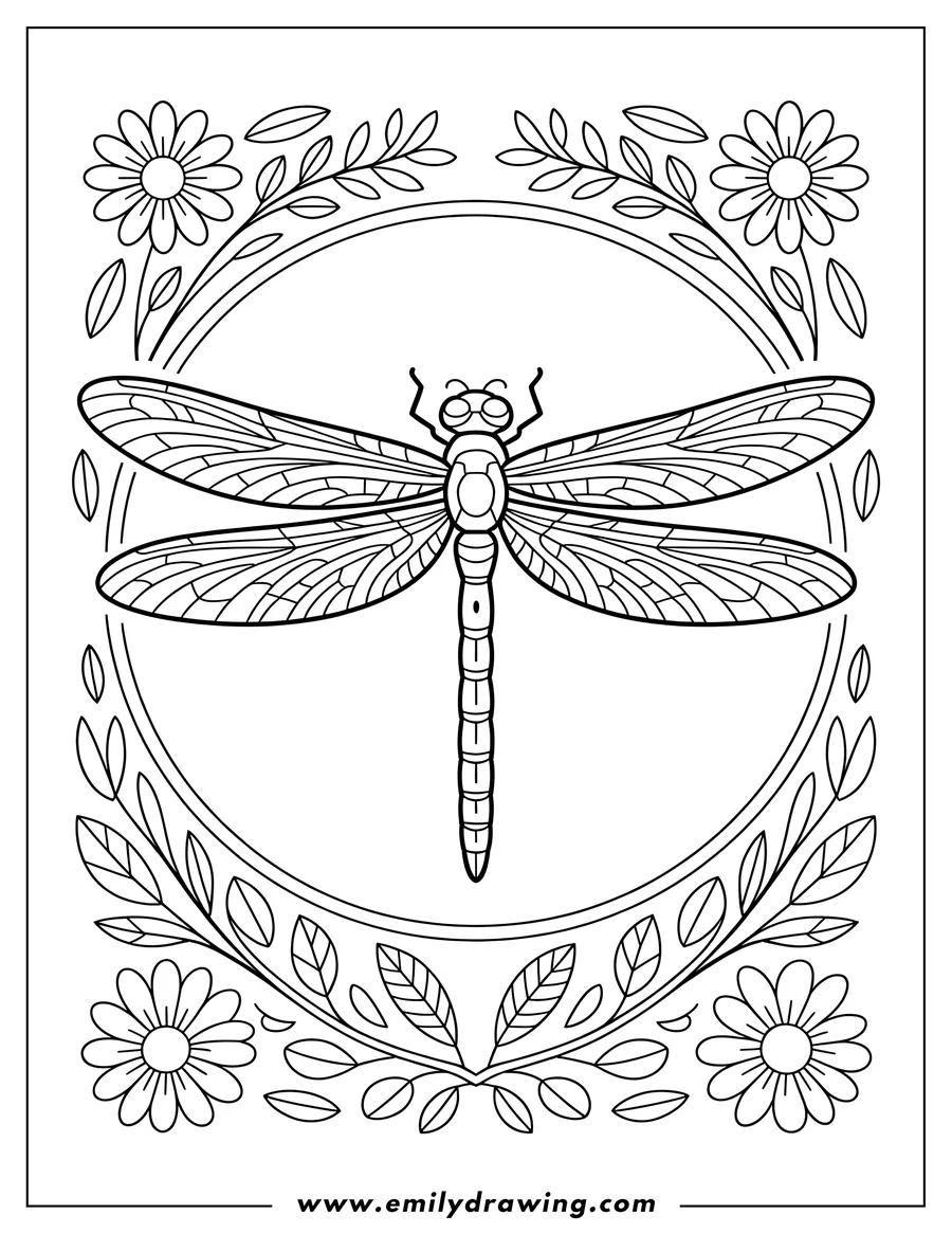 Line art of a dragonfly inside a decorative frame of flowers and leaves. Perfect for a relaxing coloring activity.