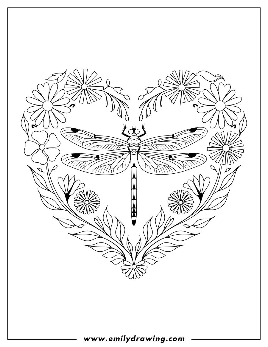 Line art of a dragonfly centered within a heart-shaped frame of flowers and leaves.