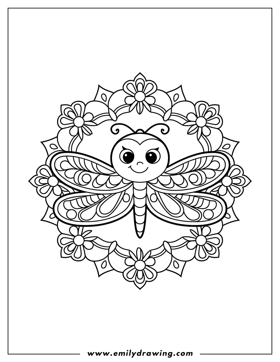 Line art of a dragonfly with patterned wings inside a decorative mandala frame with flowers.