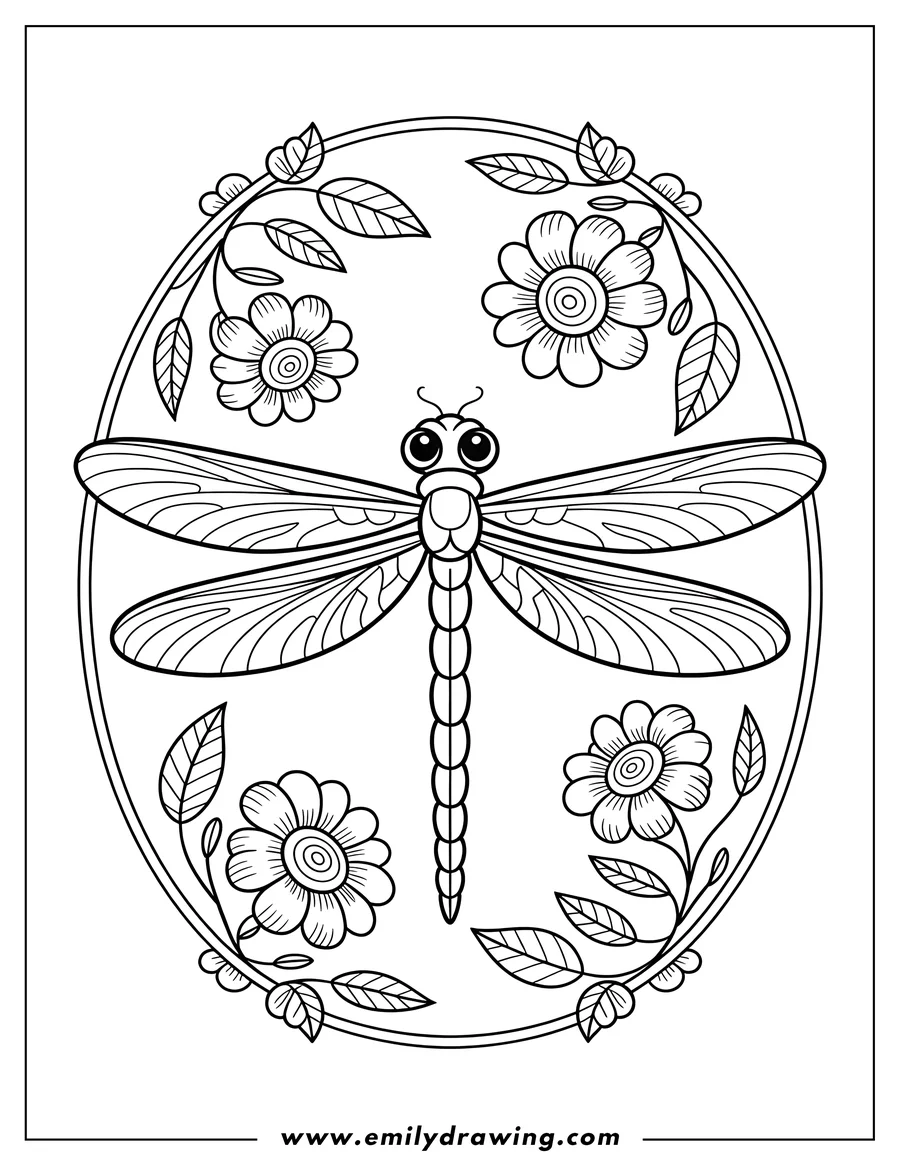 Line art of a dragonfly with large eyes inside an oval frame decorated with flowers and leaves.