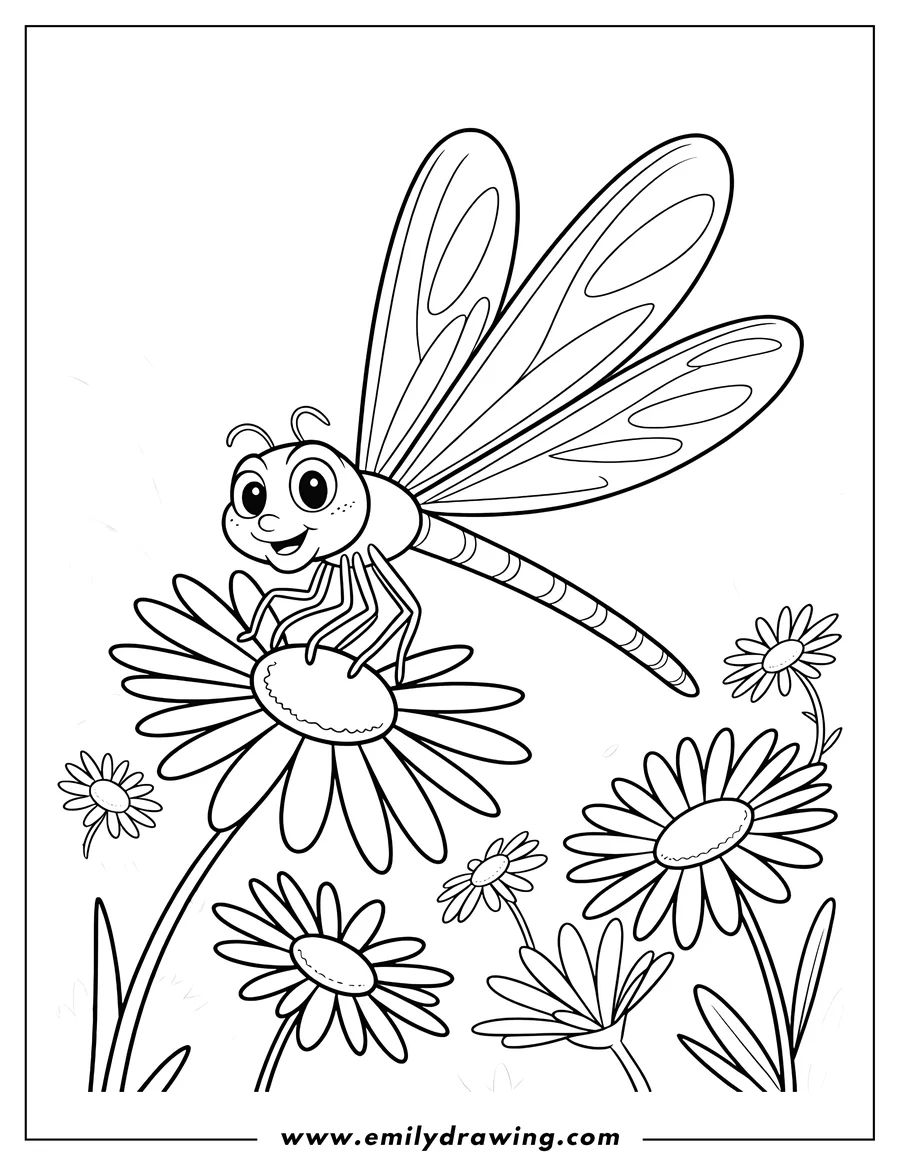 Line art of a cheerful dragonfly perched on a daisy flower, surrounded by other daisies.