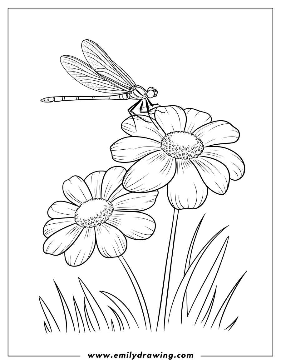 Line drawing of a dragonfly resting on a flower, with blades of grass visible below.