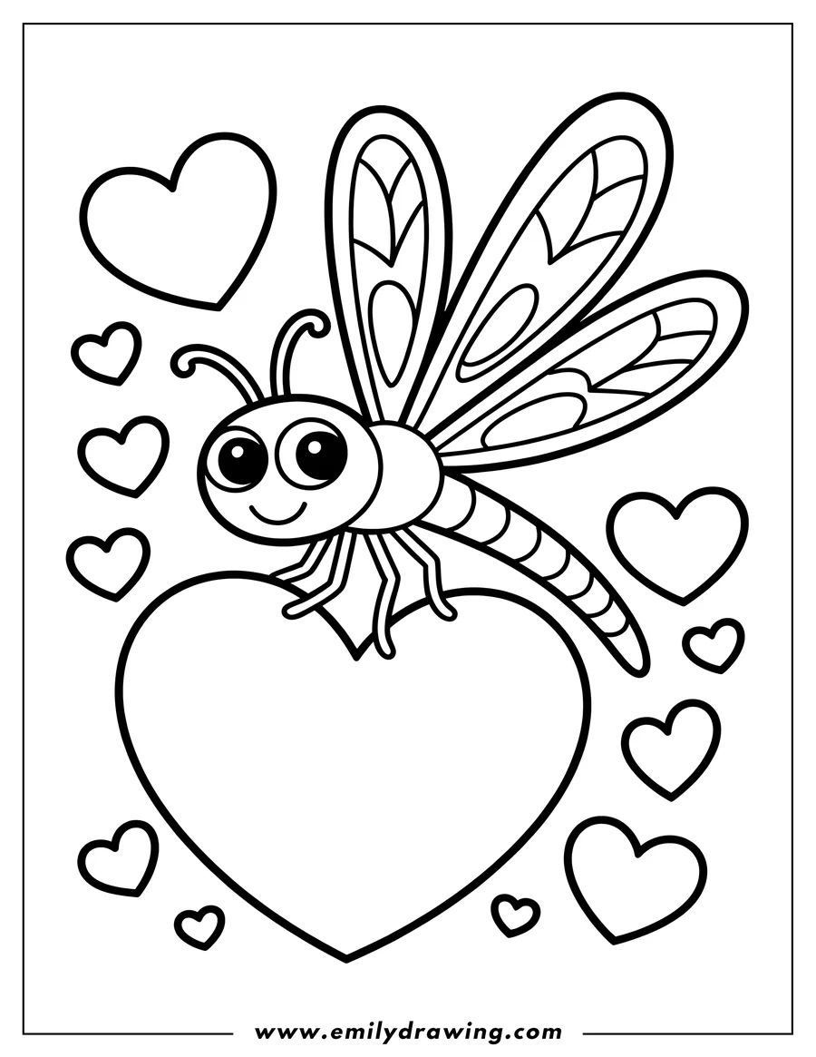 Outline of a dragonfly resting on a large heart, surrounded by smaller hearts.