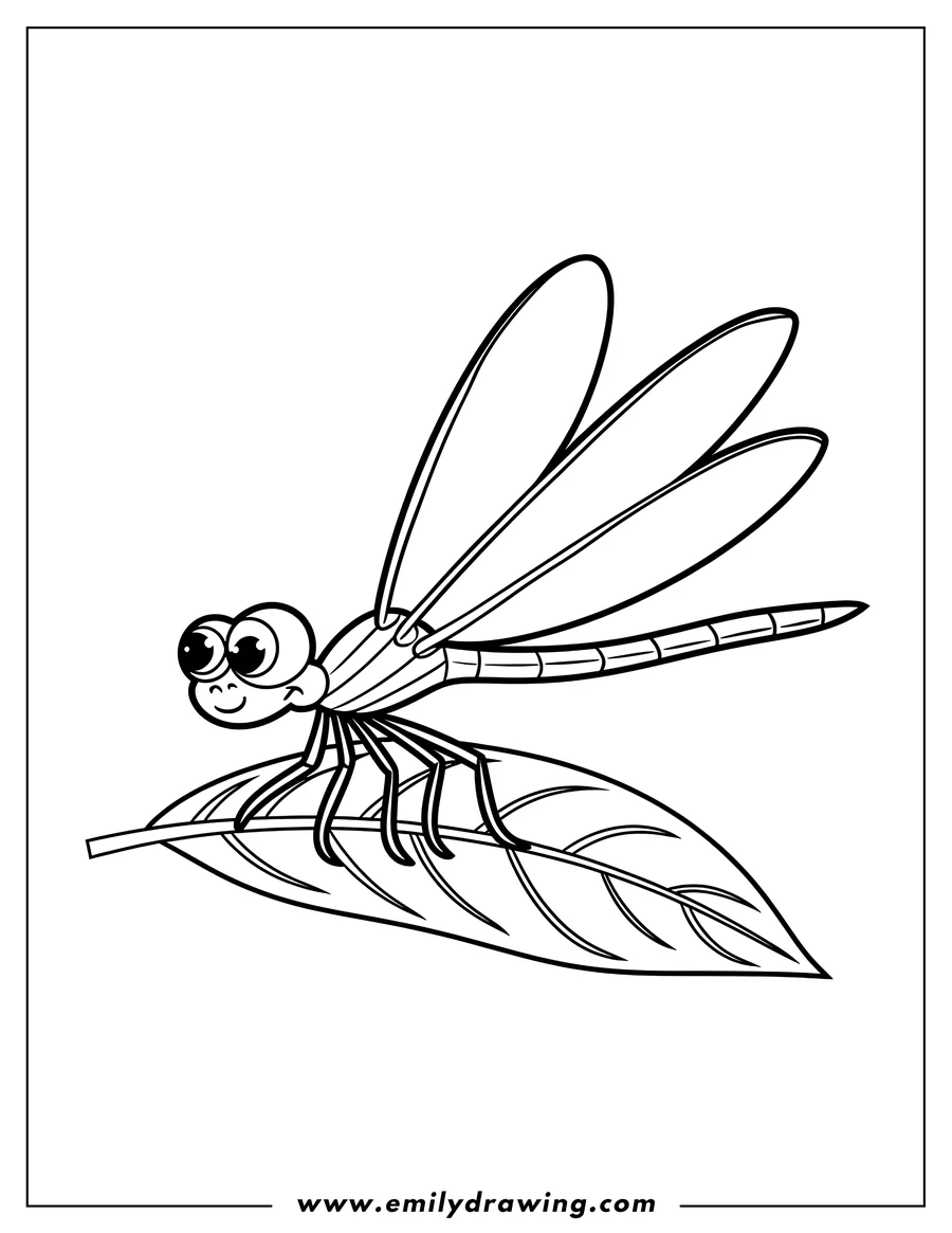 Line art of a dragonfly resting on a leaf.