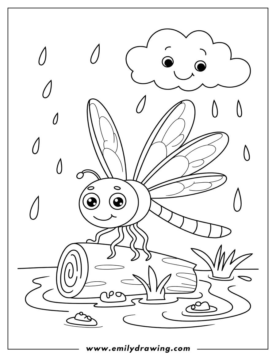 Line art of a dragonfly resting on a log in the rain, with a smiling cloud overhead and rain puddles around the log.