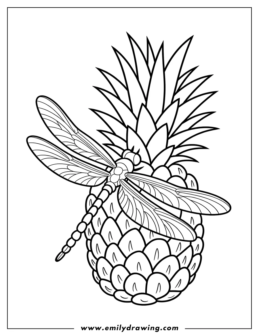 Outline of a dragonfly resting on a pineapple. The dragonfly's wings are outstretched, and the pineapple's spiky leaves are pointing upwards.