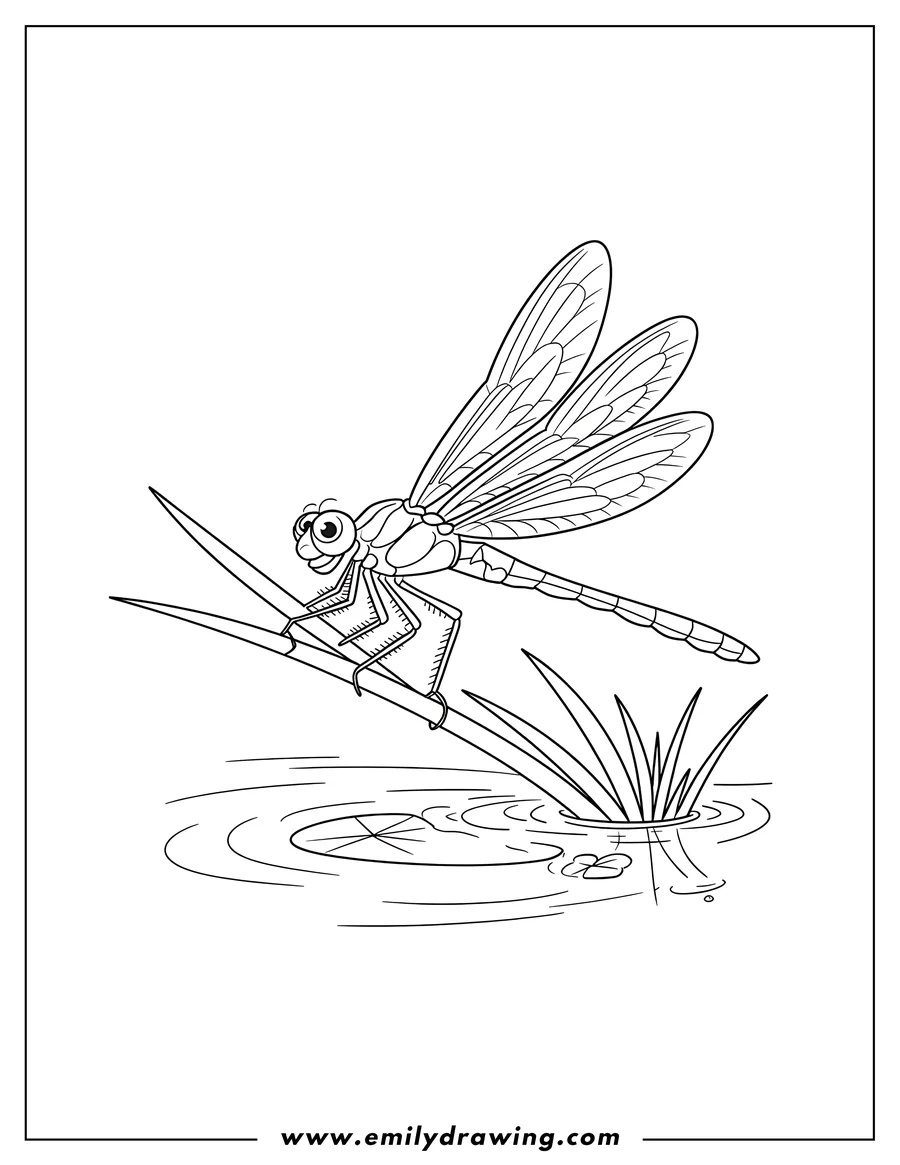 Line art of a dragonfly perched on a reed over water.  Lily pads float nearby.