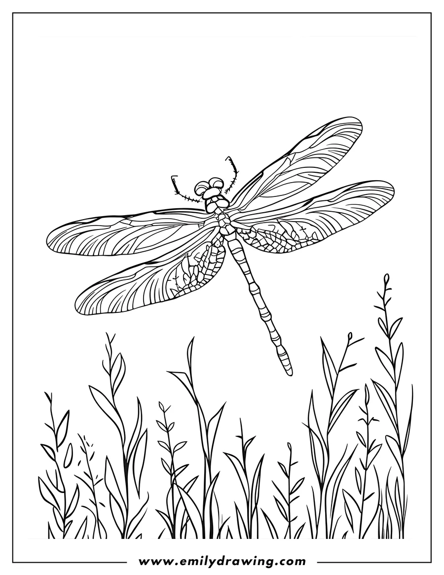 Line drawing of a dragonfly with detailed wings, flying above some grass and plants.