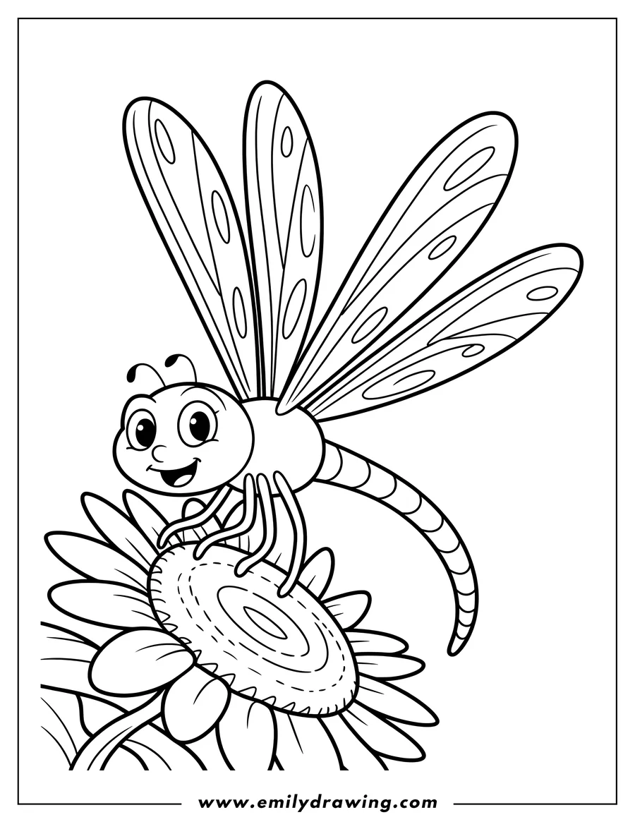 Line art of a smiling dragonfly perched on a daisy flower. Its large wings are outstretched, and it appears to be resting happily on the flower's center.