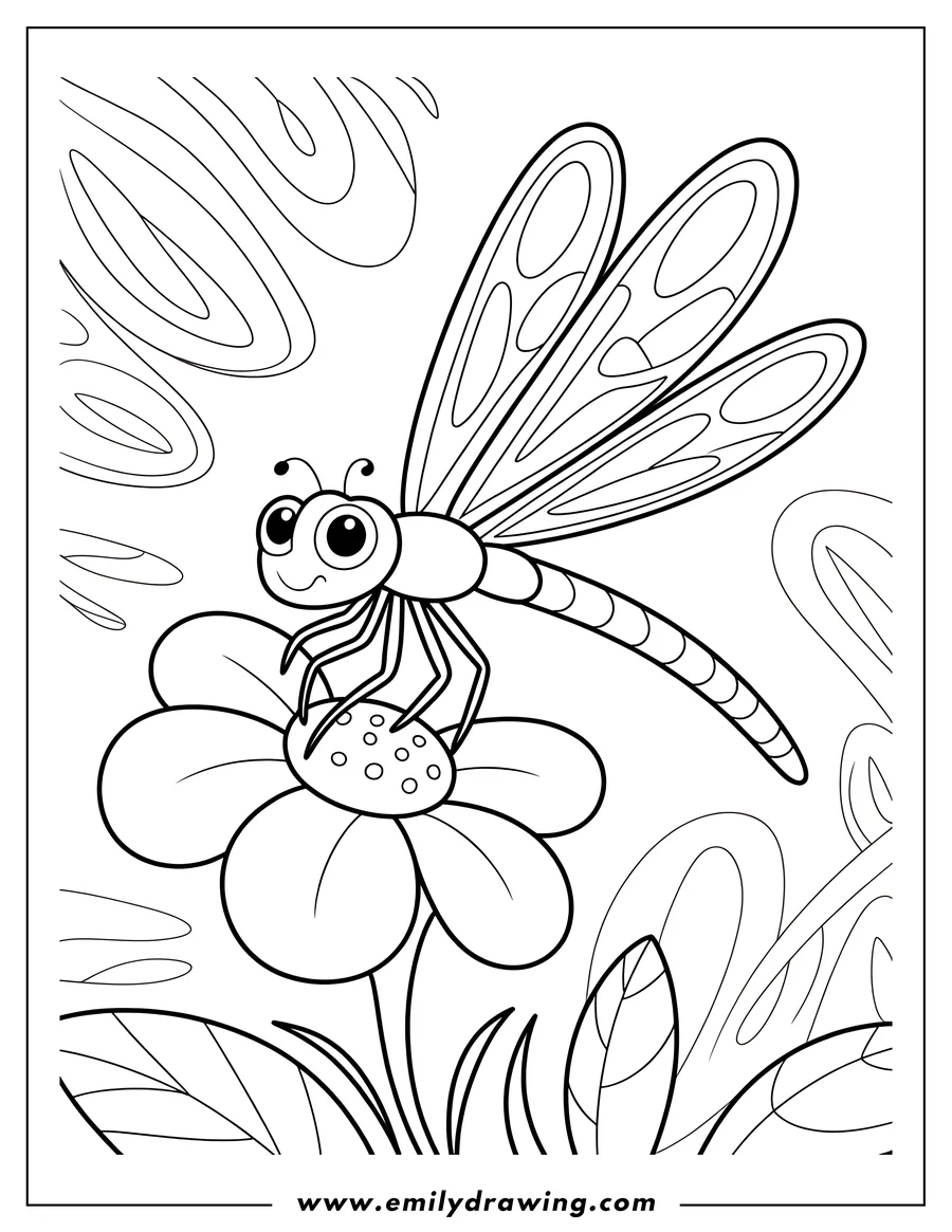 Line art of a dragonfly resting on a flower, with patterned wings and large eyes.