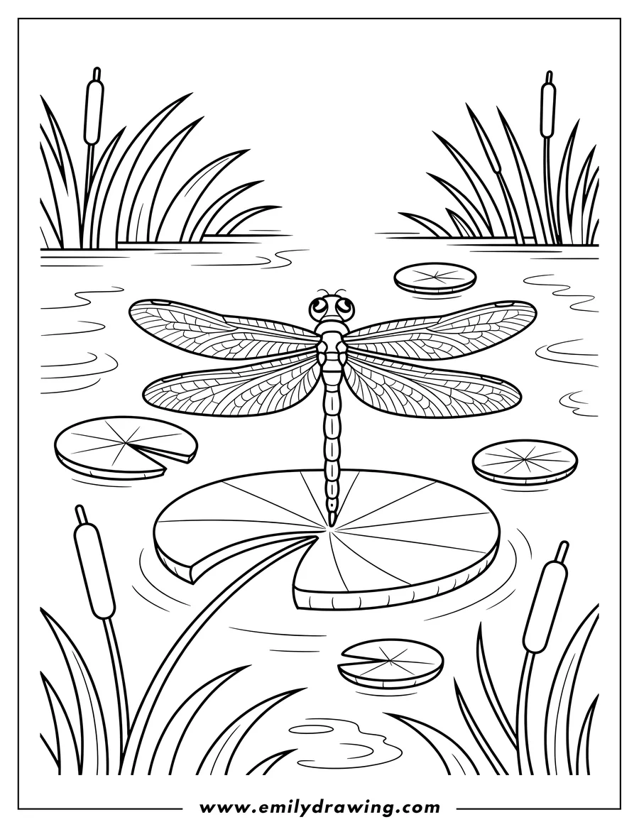 Outline of a dragonfly with detailed wings, perched on a lily pad in a pond. Cattails and other lily pads are visible in the background.