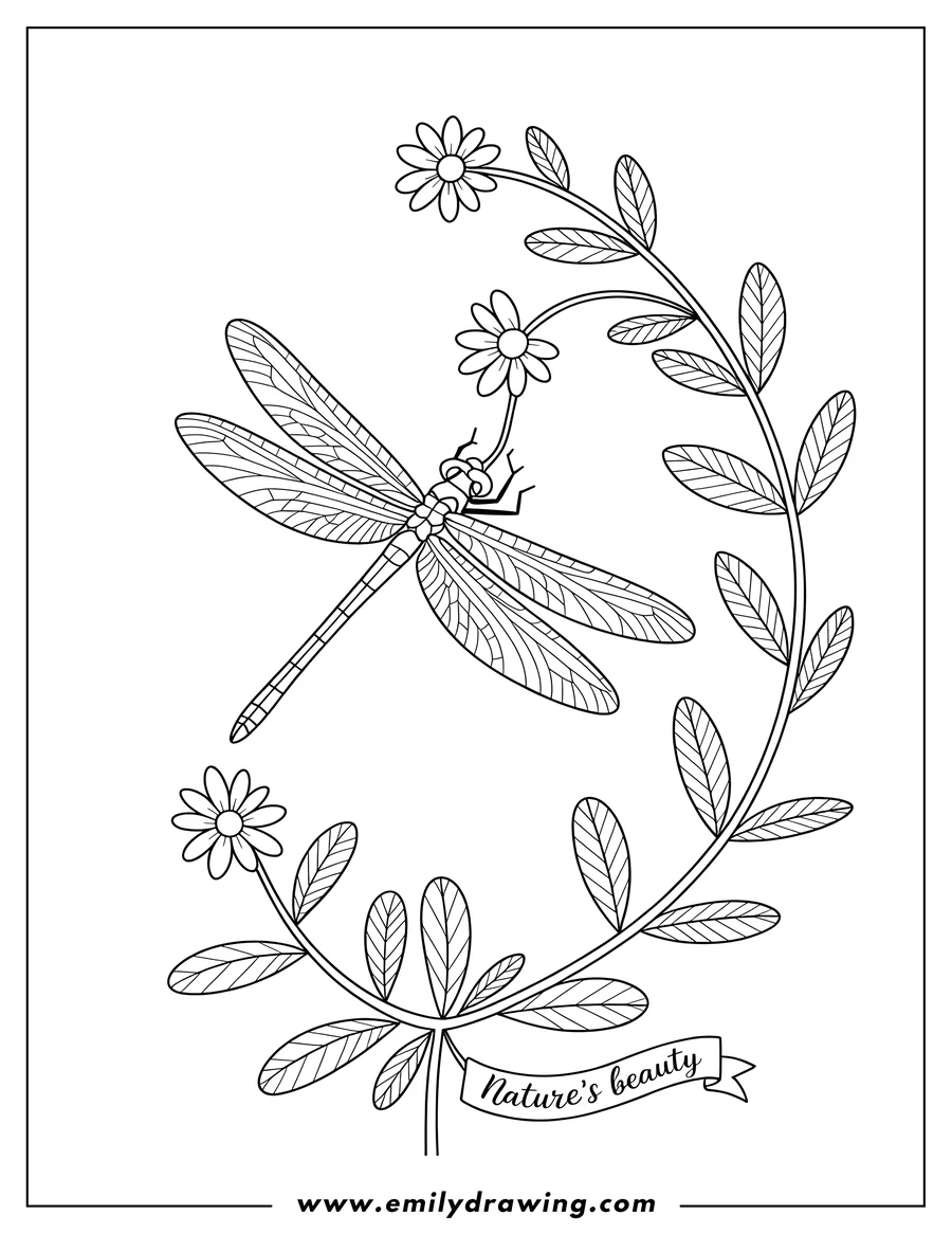 Line art of a dragonfly with detailed wings, holding a small flower, surrounded by a circular leafy branch with two more flowers.