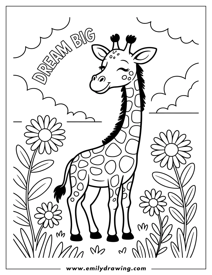 Outline of a giraffe dreaming big, surrounded by flowers and clouds.