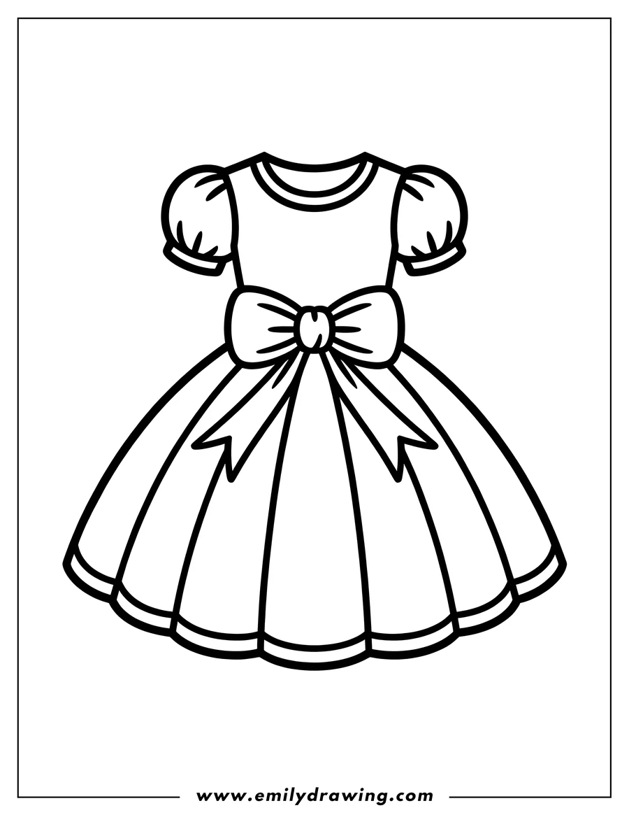 Outline of a dress with short puffy sleeves and a large bow at the waist.